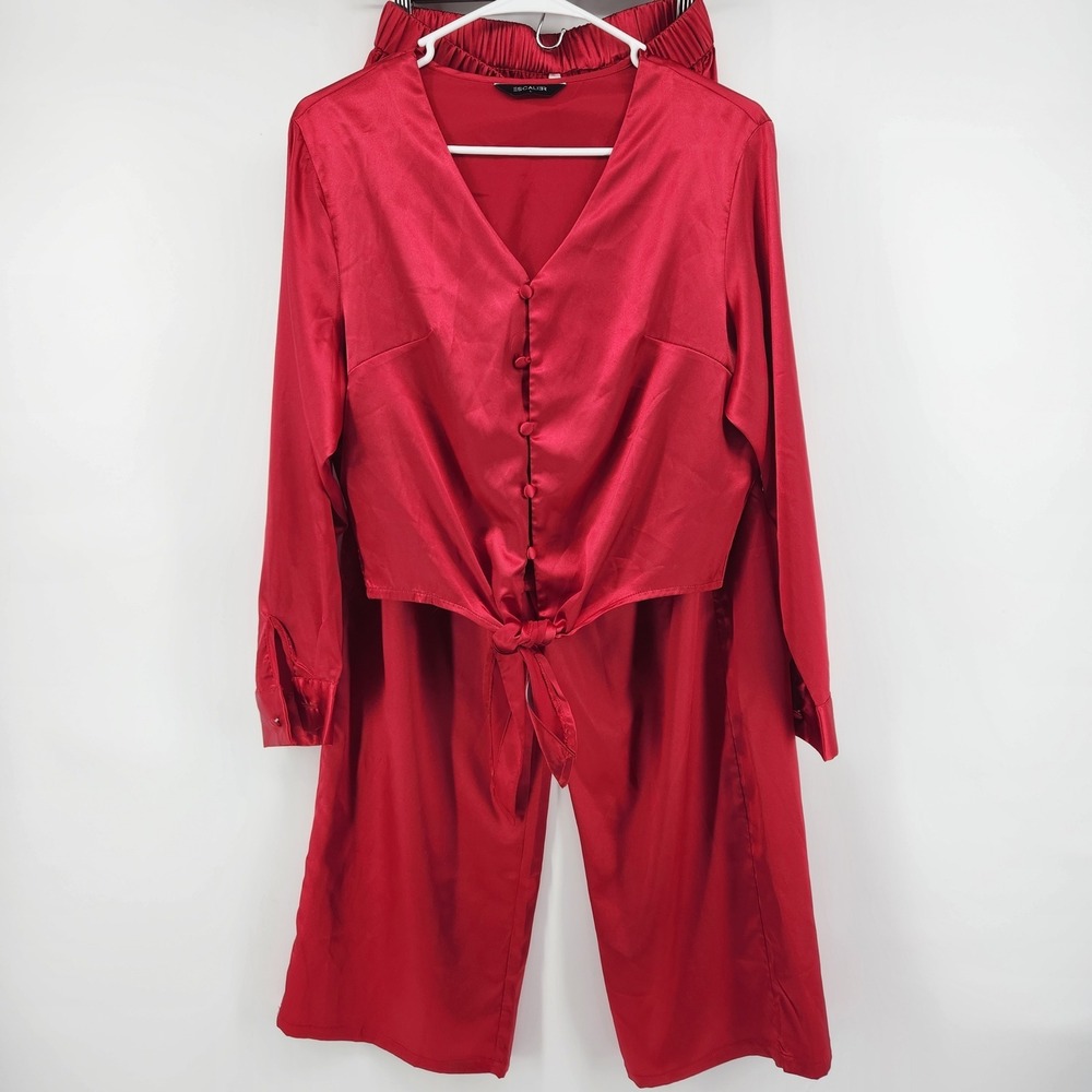 Escalier Red Satin 2 Piece Set Top and Wide Leg Pants Womens Large PJs Lounge L